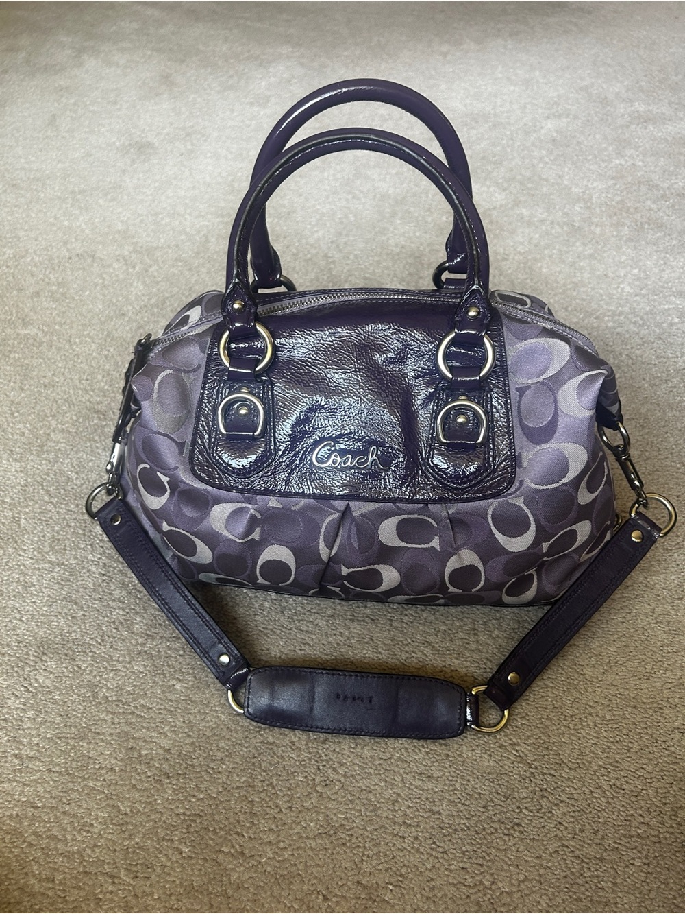 Coach Purple Signature Canvas Satchel with Leather Trim